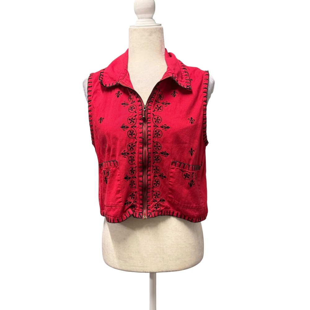 Vtg 90s Y2K Vest Womens S Red Black Embroidered Cropped‎ Zip Up Boho Festival